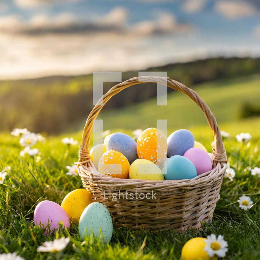 Colored easter eggs in a brown woven basket in a green field of flowers and grass during sunset.