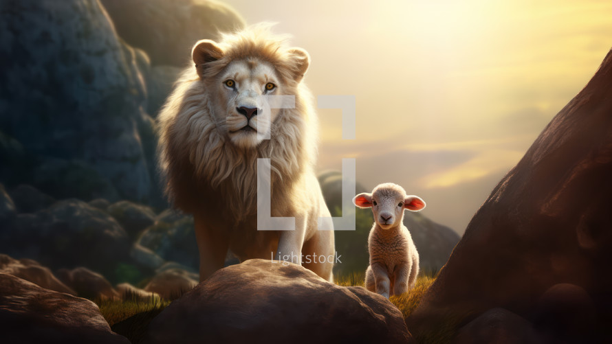 Lion and little lamb sitting together on a hill at sunset. Biblical concept of prophecy from Isaiah