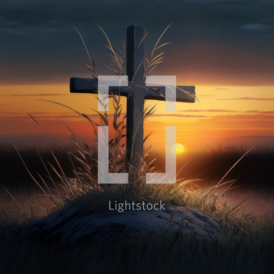Silhouette of a wooden cross in a grass field at golden hour. Christian illustration