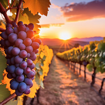 Red grapes on a vine with leaves with a dramatic sunset in the background of rolling hills.