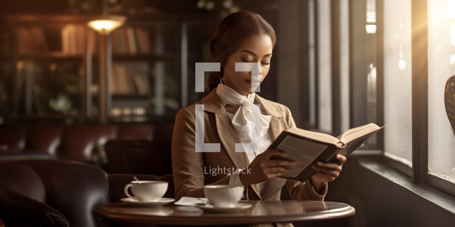 A photo of a woman praying and reading a book in a coffee store