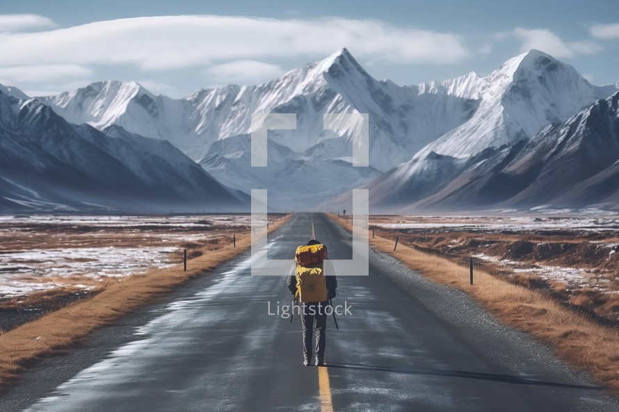 Man Walking on Empty Road with Mountain Background