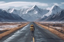 Man Walking on Empty Road with Mountain Background