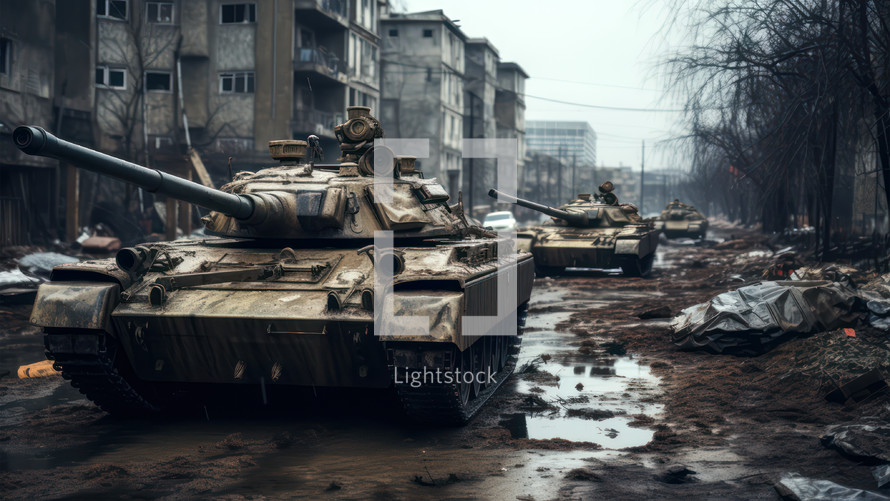 Military tanks attacking an Eastern European city during winter. Russia and Ukraine conflict
