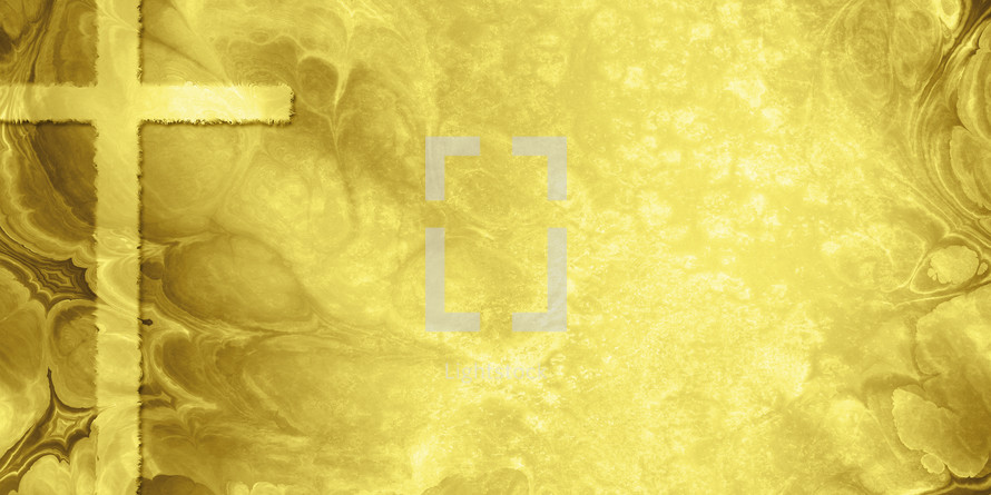 bright golden yellow cross on yellow marble background with copy space