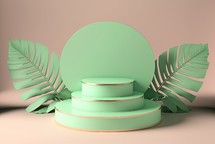 realistic 3d rendering illustration of pastel green podium with leaves around for product scene