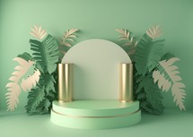 realistic 3d rendering illustration of pastel green podium with leaves around for product podium