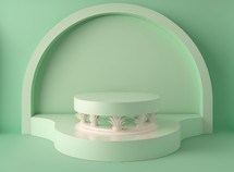 realistic 3d rendering illustration of soft green podium with leaf around for product display