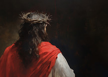 Painting of Jesus from behind, wearing a scarlet robe and the crown of thorns