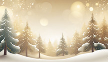 Golden cartoon-inspired look of pine trees on snow and shimmer