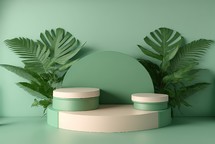 3d realistic illustration of pastel green podium with leaves around for product stage