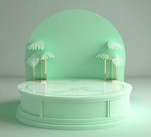 3d realistic illustration of soft green podium with leaves around for product scene