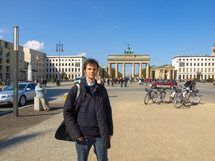 BERLIN, GERMANY - APRIL 23, 2010: Tourist in Pariser Platz in front of the Brandenburg Gate
