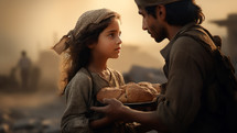 Man sharing food with a girl during the Middle East conflict. Compassion and love concept