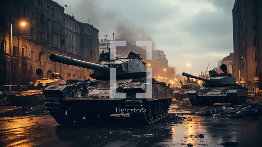 Tanks guarding the city during the war in Ukraine after storm. War concept