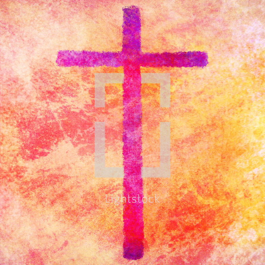 intense pink and purple cross on painted orange grunge surface in square format