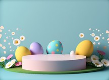3D rendering of Easter platform, eggs, and flowers. 