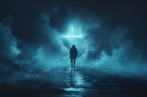Man on mysterious street walking to cross in cloudy night. Man looking for God. Christian man, faith, spirituality, hope concept.