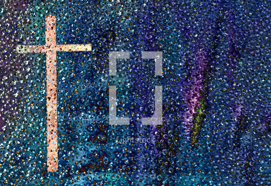 abstract art random irregular dots on teal blue purple and cross