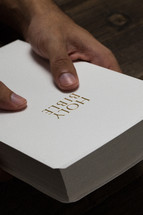 A man's hands holding a white Bible.