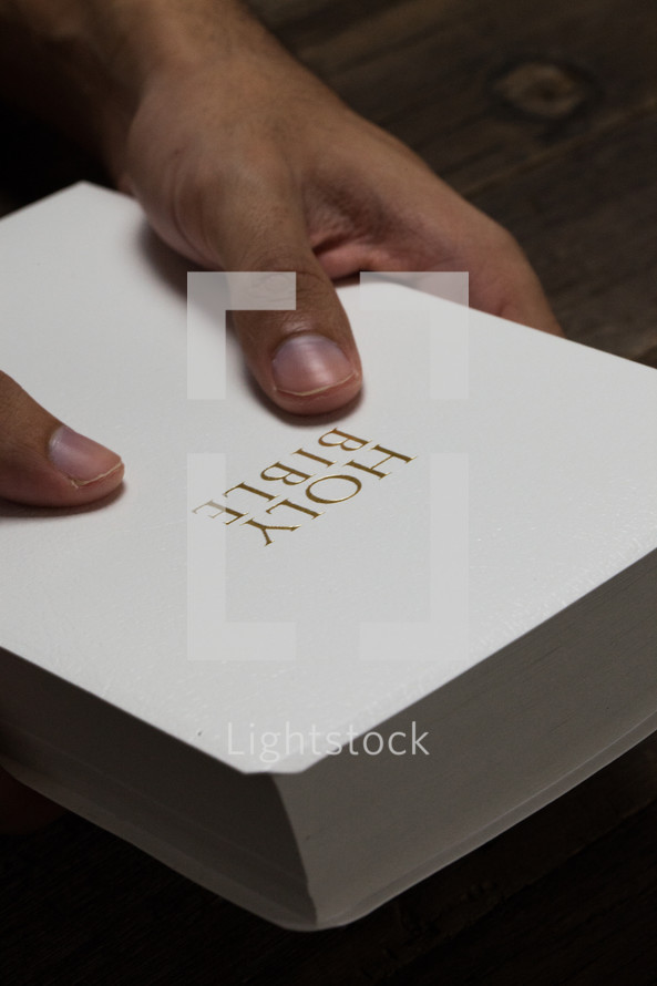 A man's hands holding a white Bible.