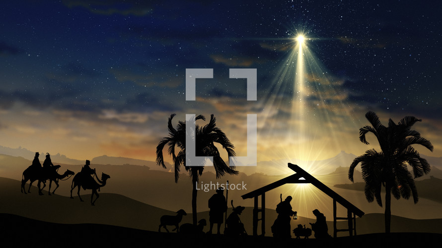 Christmas Scene with twinkling stars and brighter star of Bethlehem with nativity characters animated animals and trees. Seamless Loop of Nativity Christmas story under starry sky and moving wispy clouds