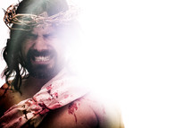 Jesus in agony wearing the crown of thorns and blood soaked linens.