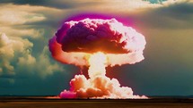 Big colored explosion forming a mushroom cloud in the sky, big nuclear bomb explosion