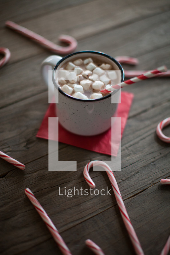ndy canes, wood floor, spread out, holidays, background, Christmas, wood table, mug, hot cocoa, hot chocolate 
