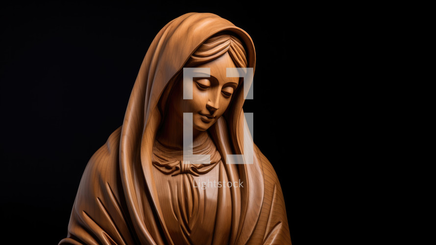 Statue of the Mother Mary isolated on a black background with copy space