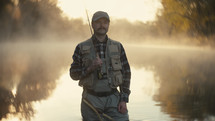 A Smiling young fly fisherman on a foggy river at sunrise