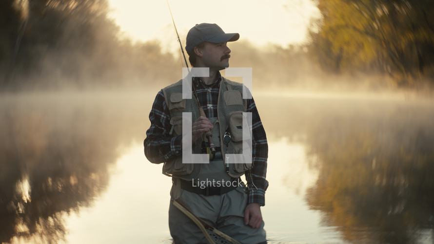 A Smiling young fly fisherman on a foggy river at sunrise