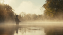 Young fly fisherman casting on a foggy river at sunrise