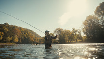 Young fly fisherman casting on a foggy river at sunrise