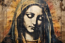 Close-up of the face of the Mother Mary on a textured background
