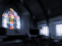 multiple exposure effect - blue gray sanctuary with intensely colored stained glass window cross