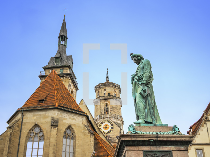 Schiller Statue and cathedral steeple 