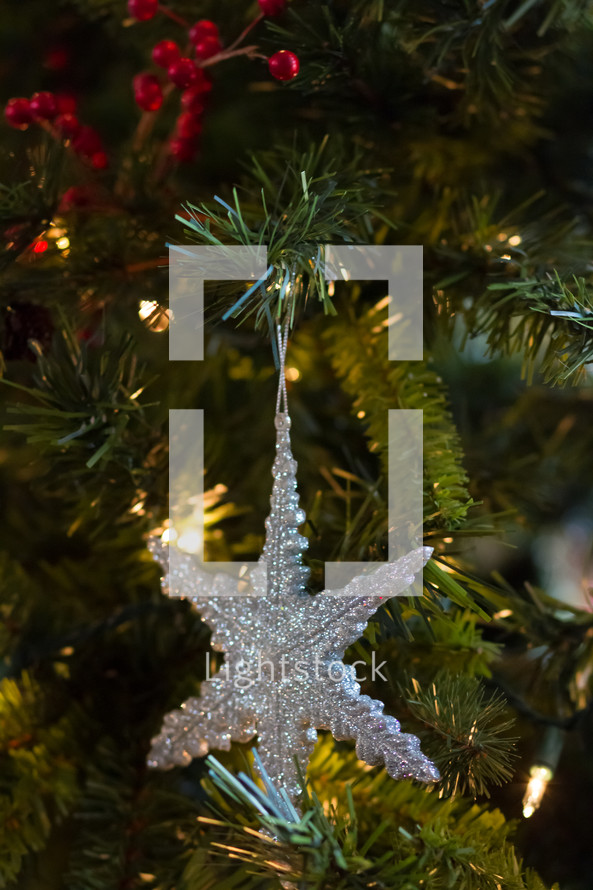 star ornament on a Christmas tree 