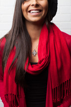 cross necklace, red scarf, woman, African-AMerican 