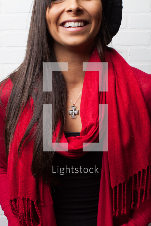 cross necklace, red scarf, woman, African-AMerican 