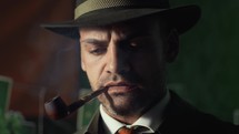 Detective smokes a pipe in a pub 