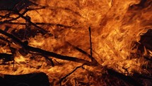 Closeup of hot flames of camp fire burning wood logs and tree branches in cinematic slow motion.