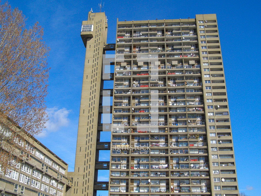 LONDON, ENGLAND, UK - MARCH 05, 2009: The Trellick Tower in North Kensington designed by Erno Goldfinger in 1964 is a Grade II listed masterpiece of new brutalist architecture