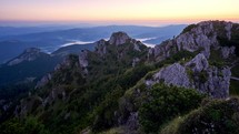 Mountain rocky landscape in the morning at sunrise in the wild Carpathian countryside