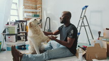 Cheerful Black man sitting on the floor and petting golden retriever dog in living room with ladder, boxes and paint buckets during home renovation. Zoom Shot
