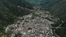 	Panorama Of Baños De Agua Santa City And Mountainscape On Tungurahua Province In Ecuador. Aerial Tilt-up Shot