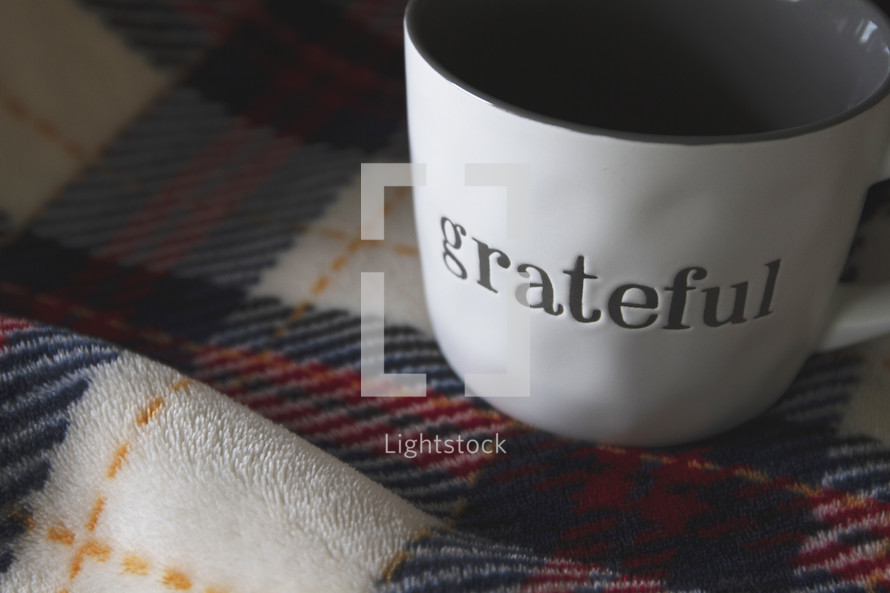grateful mug on a plaid blanket 