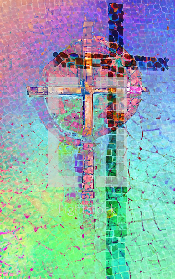 in the shadow of the cross art mosaic - combo of my cross artwork, AI input and further editing