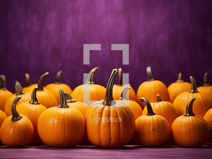 Pumpkins on purple background. Halloween concept. Selective focus.