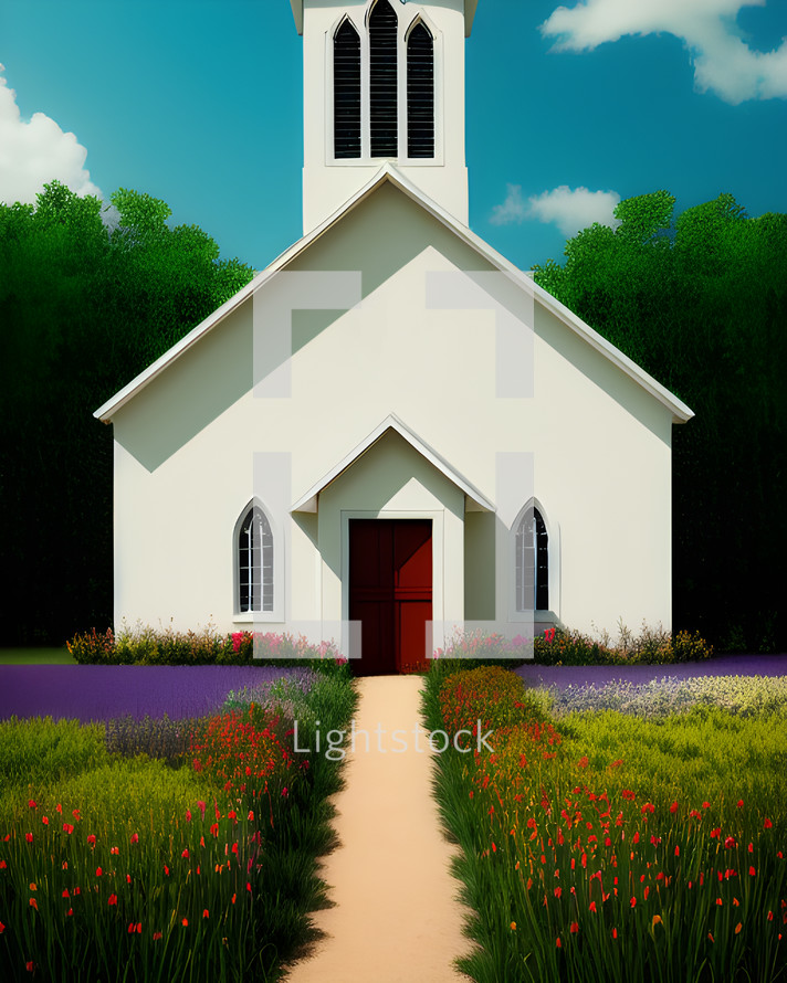 AI illustration of a church building in a field of flowers